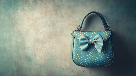 This charming blue handbag features a playful bow and polka dot design against a textured vintage background, perfect for fashion aesthetics.の素材