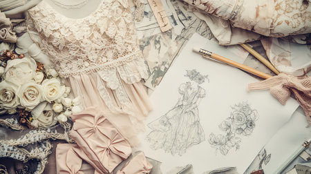 A beautiful composition featuring an elegant vintage dress sketch, surrounded by soft fabrics, flowers, and artistic tools. Ideal for fashion and design themes.の素材