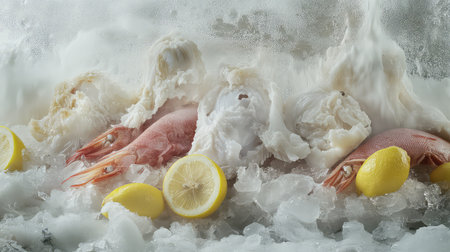 A stunning arrangement of fresh seafood featuring shrimp and fish fillets on a bed of ice, accentuated with vibrant lemon slices, ideal for culinary themes.の素材