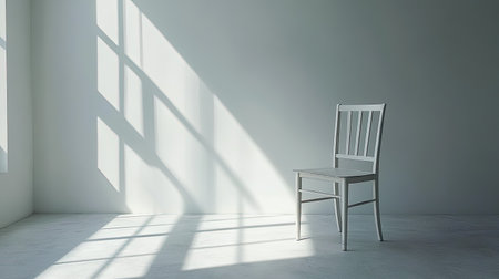 A serene and minimalist interior scene featuring a white chair illuminated by natural light casting shadows on a bright wall, promoting tranquility.の素材