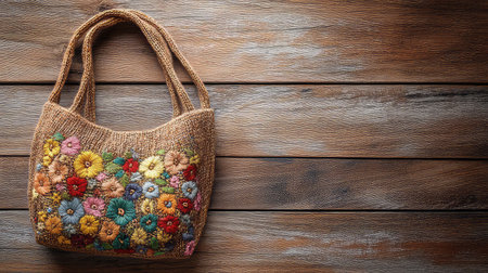 This image features a beautifully handcrafted bag adorned with vibrant floral embroidery, resting on a rustic wooden table, showcasing unique design and intricate craftsmanship.の素材