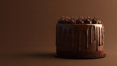 A stunning chocolate cake glistens with a rich, glossy chocolate glaze and intricately piped frosting. This dessert evokes feelings of indulgence and celebration.の素材