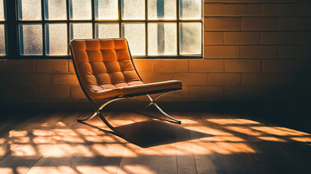 A stylish leather chair sits in a well-lit room, casting soft shadows across the wooden floor. The textured window creates a warm ambiance, ideal for design inspiration.の素材