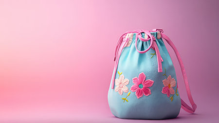 This charming blue drawstring bag features delicate floral embroidery, perfectly contrasting with a soft pink background. Ideal for fashion, accessories, and style displays.の素材
