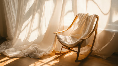A tranquil scene featuring a cozy rocking chair by a sunlit window, draped in flowing sheer curtains that cast soft shadows, creating a serene ambiance.の素材