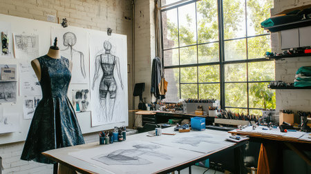 A chic fashion design studio featuring a stunning dress form amidst sketches and artistic tools, illuminated by natural light from large windows.の素材