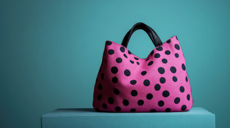 This vibrant pink handbag with black dots is a chic accessory for modern fashion lovers. It stands out against a teal background, perfect for stylish displays.の素材
