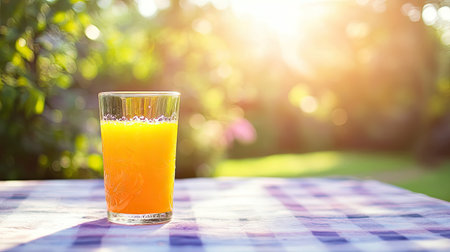A beautifully lit glass of orange juice sits on a colorful outdoor table, capturing the essence of a refreshing summer day, surrounded by lush greenery.の素材
