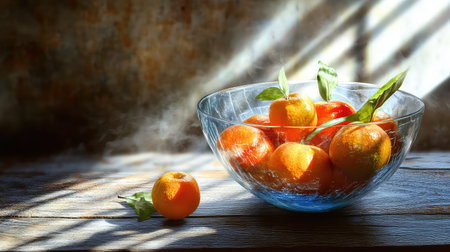 A stunning still life image featuring fresh, juicy oranges in a clear glass bowl set on a rustic wooden surface, illuminated by soft natural light.の素材