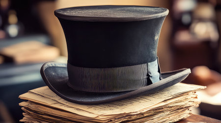 A striking vintage top hat elegantly placed on a stack of antique sheet music, set against a rustic background that evokes nostalgia and charm.の素材
