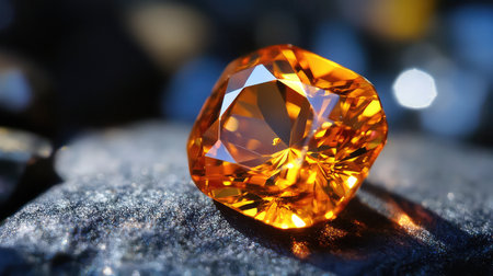 A stunning close-up of a sparkling orange gemstone resting on dark rock. The brilliant facets reflect light, showcasing its captivating clarity and beauty.の素材