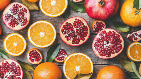A vibrant display of fresh fruits, including pomegranate and orange, arranged on a rustic wooden surface, showcasing natural colors and textures.の素材