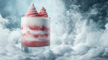 This captivating image features a creamy pink dessert in a glass, beautifully layered and topped with fluffy swirls, amidst whimsical smoky clouds, creating a dreamy atmosphere.の素材