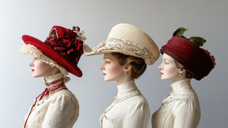 This captivating image features three mannequins adorned with elegant vintage hats, showcasing distinct styles from different historical eras, highlighting exquisite craftsmanship and timeless beauty.の素材