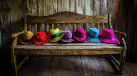 A charming display of vibrant hats in various colors rests on a rustic wooden bench, creating a playful and artistic ambiance that enhances any interior setting.の素材