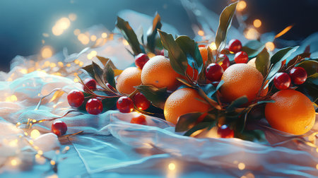 A beautiful arrangement of fresh oranges and berries set on soft textiles, surrounded by twinkling lights, creating a cozy and inviting atmosphere.の素材