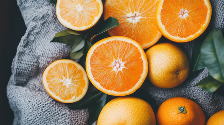 A beautiful arrangement of fresh oranges, some sliced and others whole, resting on soft fabric with green leaves. This vibrant display highlights the natural beauty and health benefits of citrus fruits.の素材