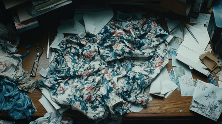 A vibrant floral fabric lies on a wooden table, surrounded by craft paper and various sewing tools, showcasing the artistic chaos of a creative workspace.の素材