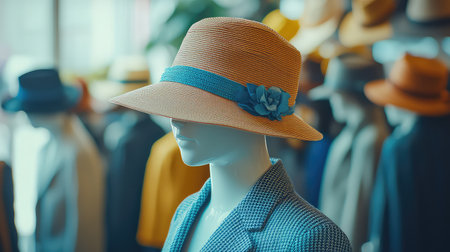 A fashionable straw hat with a blue ribbon adorns a mannequin in a vibrant boutique filled with various hats and stylish outerwear.の素材