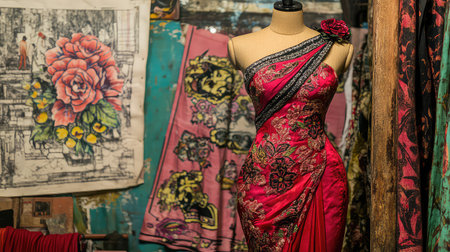 A stunning red saree featuring intricate embroidery is displayed on a mannequin in a vibrant textile shop, showcasing traditional artistry and design.の素材