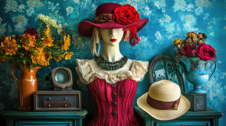 This captivating vintage fashion display features a beautifully dressed mannequin adorned with colorful flowers and elegant hats, set against a vibrant blue backdrop.の素材