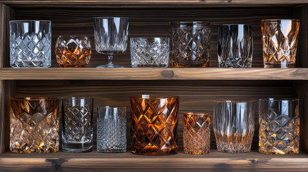This image showcases a stunning collection of crystal glasses arranged on wooden shelves, highlighting their intricate patterns and textures in vivid detail.の素材