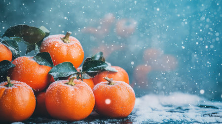 This image features fresh, vibrant oranges dusted with snow and frost, creating a cozy winter scene perfect for seasonal themes and food photography.の素材