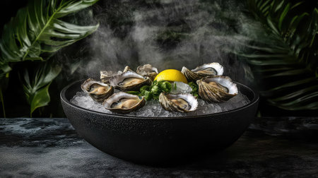 A captivating arrangement of fresh oysters resting on ice with a vibrant lemon slice. Surrounded by green garnishes and tropical foliage, this image captures the essence of gourmet seafood beautifully. Perfect for culinary-themed projects.の素材