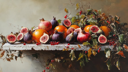 A stunning display of fresh fruits including pomegranates, figs, and oranges, arranged artfully on a rustic shelf adorned with foliage, capturing the essence of autumn.の素材