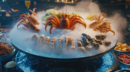 A stunning seafood display featuring an array of fresh shellfish on ice, surrounded by mist to create an elegant presentation in a luxury dining setting.の素材