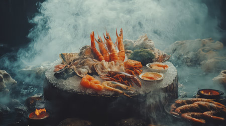 A stunning seafood platter featuring a variety of fresh shrimp, lobster, crabs, and oysters arranged beautifully on ice, creating a smoky ambiance perfect for any culinary occasion.の素材