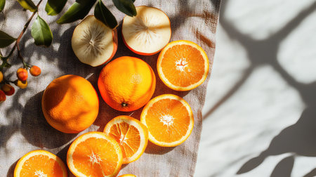 A stunning composition of bright oranges and fresh slices displayed on a textured fabric. Soft shadows and green leaves create an inviting atmosphere, perfect for food enthusiasts.の素材