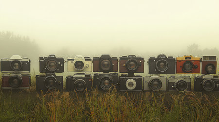 A captivating arrangement of vintage cameras set against a misty backdrop, showcasing a blend of retro design and timeless photography tools, evoking nostalgia.の素材