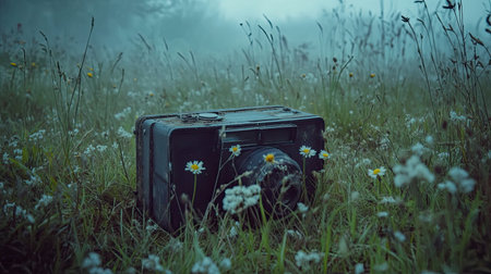 A vintage camera lies in a misty field, surrounded by delicate wildflowers, creating a serene atmosphere that evokes nostalgia and tranquility.の素材