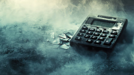 A broken calculator surrounded by shattered pieces on a dark surface, enveloped in smoke and soft light, representing failed calculations and financial stress.の素材