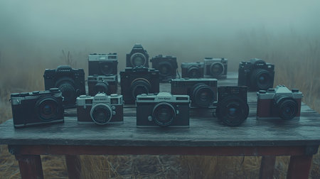 A captivating arrangement of vintage and modern cameras displayed on a rustic table in a misty outdoor environment, showcasing the essence of photography.の素材