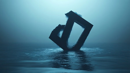 This captivating image features an abstract water sculpture representing a geometric shape emerging from a misty water surface, creating a mesmerizing and tranquil atmosphere.の素材