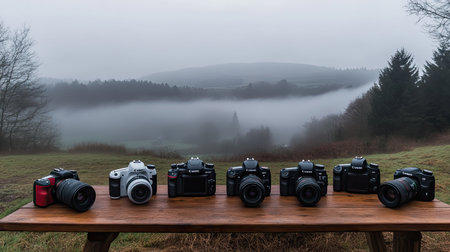 A collection of digital cameras arranged on a wooden table outdoors, showcasing different models against a misty and serene landscape, ideal for photography enthusiasts.の素材