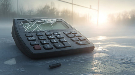 A broken calculator lies on a frozen surface at sunrise, capturing a moment of stillness and reflection on lost calculations in a cold environment.の素材