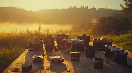 A captivating arrangement of various cameras and lenses displayed on a rustic wooden table at sunrise, surrounded by a serene misty landscape and rolling hills.の素材