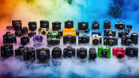 A captivating collection of various digital cameras arranged in a colorful display, surrounded by creative fog, showcasing the diversity of photography equipment.の素材