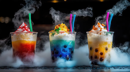 Three vibrant frosty drinks with whipped cream and colorful straws create a striking visual, enhanced by swirling dry ice smoke for a magical effect.の素材