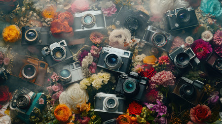 This captivating image features an array of vintage cameras artfully arranged amongst a vibrant display of flowers. Perfect for creatives and photography enthusiasts.の素材