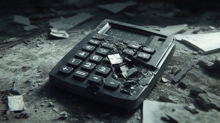 A broken calculator rests on a worn surface scattered with debris and papers, evoking feelings of neglect and disrepair in a chaotic environment.の素材