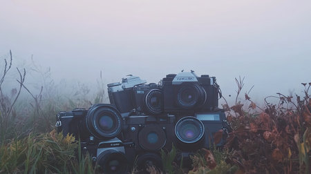 A captivating scene featuring vintage cameras arranged in a stack within a foggy field. The soft morning light and wild grass create an artistic and serene atmosphere.の素材