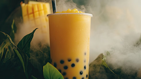 A vibrant yellow beverage featuring tapioca pearls stands amidst lush greenery and soft fog, evoking a refreshing and tropical atmosphere perfect for summer enjoyment.の素材