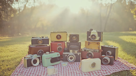 A charming arrangement of vintage cameras displayed on a picnic blanket, surrounded by soft sunlight in an outdoor setting, inviting nostalgia and creativity.の素材