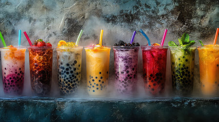 A stunning display of colorful bubble teas, featuring fresh fruits and ice, set against a rustic background, perfect for summer refreshment ideas.の素材
