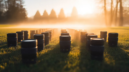 A captivating arrangement of camera lenses scattered on lush grass, bathed in soft morning light and enveloped in mist, creating an enchanting scene.の素材