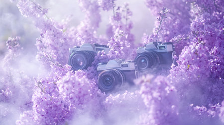 A serene scene featuring vintage cameras nestled amidst vibrant purple flowers, creating a dreamy and artistic ambiance perfect for photography lovers.の素材